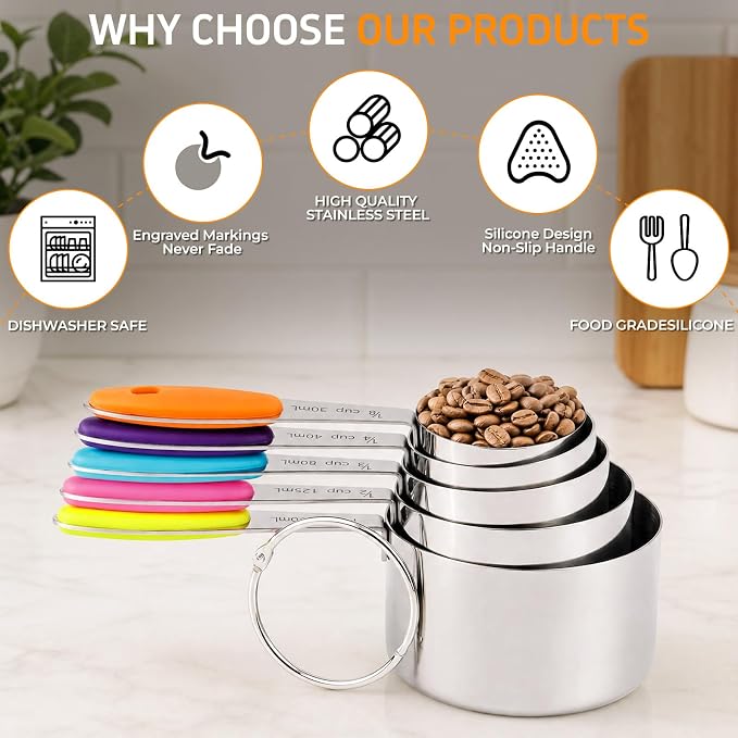 Measuring Cups and Spoons Set of 10 Piece, Stainless Steel Nesting Measuring Cups Set with Silicone Handles, Kitchen Utensils for Cooking and Baking