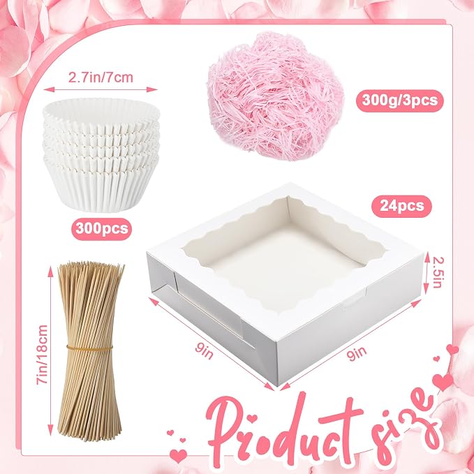 20 Pack Mother's Day Chocolate Covered Strawberry Boxes with Window 9 x 9 x 2.5 Inches Cookie Bakery Bulk White Macarons Treat Gift Boxes for Muffins Dessert Party Favors