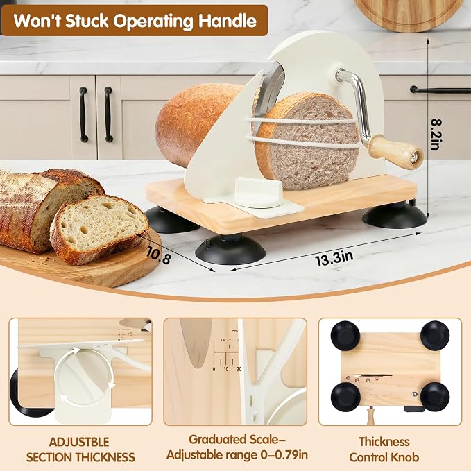 Manual Bread Slicer for Homemade Sourdough Bread, Adjustable Thickness & Evenly Slicing, Hand Crank Bread Slicer with Scale Line and Suction Cup, Serrated Blade Design, Patent White