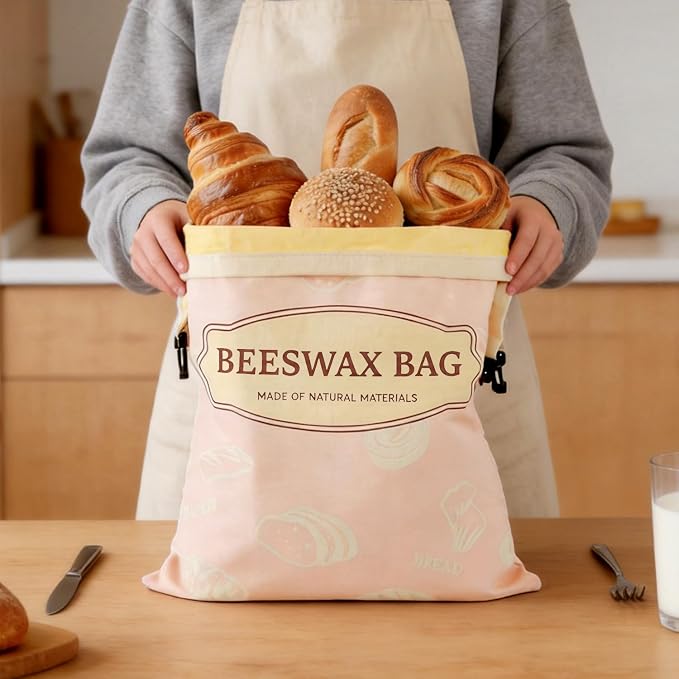 Beeswax Bread Bags for Homemade Bread, 2 Packs XL Reusable Cotton Linen Sourdough Bread Bags to Keep Bread Fresh (pink)