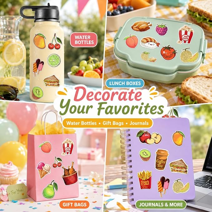 100 Pcs Food Fruit Stickers for Kids Teens Water Bottles Laptops Scrapbook Decoration Party Favors Classroom Rewards Cute Vegetable Snack Waterproof Vinyl Decals