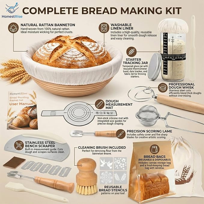 Sourdough Starter Kit with 9 Inch Round Banneton Proofing Basket & Starter Jar, Natural Rattan Bread Proofing Basket Set for Homemade Artisan Bread, Beginner Bread Making Supplies, Gift for Bakers