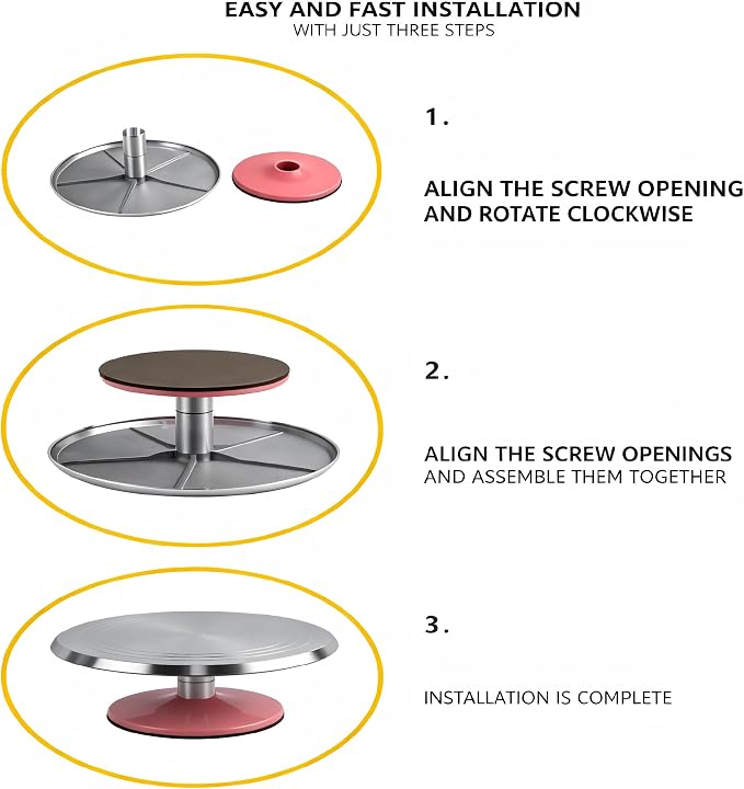 12-Inch Aluminum Alloy Cake Turntable, Rotating Cake Decorating Stand with Non-Slip Detachable Pink Base & Concentric Marking Circles, Smooth 360 Rotation for Baking, Model Coloring, Display