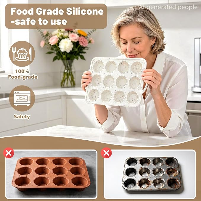 Silicone Muffin Pan Set: Non Stick 12 & 24 Silicone Muffin Pans for Baking Easy Release - Complete Shaping Each Use Avoid Re‑baking - BPA-free Cupcake Tin Reinforced Frame for Oven Home Bakers