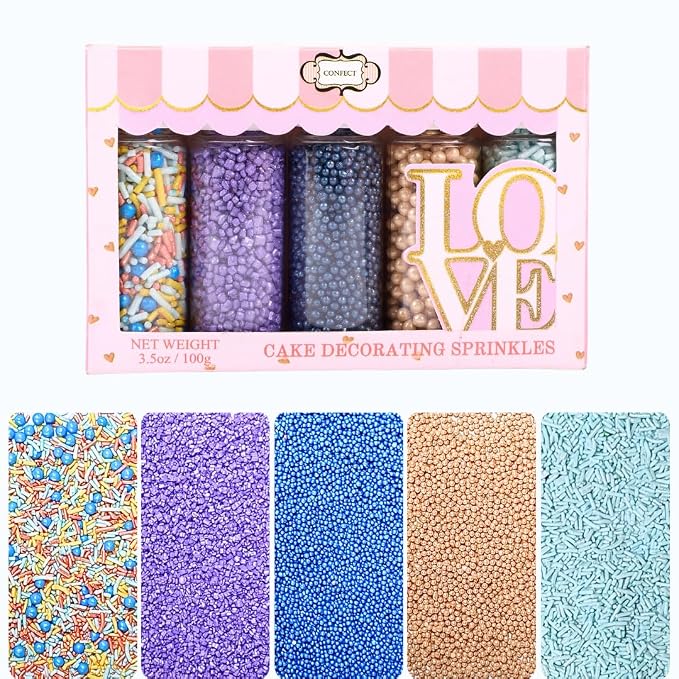 Confect Sprinkles Mix – Pack of 5 Assorted Cake & Cupcake Decorating Sprinkles – Bright Blue, Rose Gold & Gold Dragees, Baby Blue Jimmies, Purple Sparkling Sugar | Aquamarine Party Sprinkles– Vegan, Gluten-Free, Nut-Free, Soy-Free, Dairy-Free, Palm Oil...