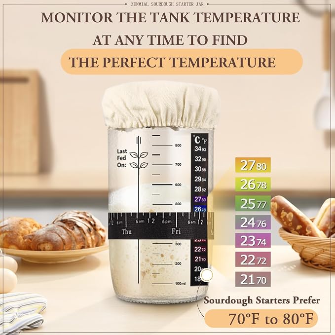 Zunmial Sourdough Starter kit, 34OZ Sourdough Starter Jar with Date Marked Feeding Band, ThermometerCloth Cover & Metal Lid, Reusable Sourdough Bread Baking Supplies, Home Baking Gifts