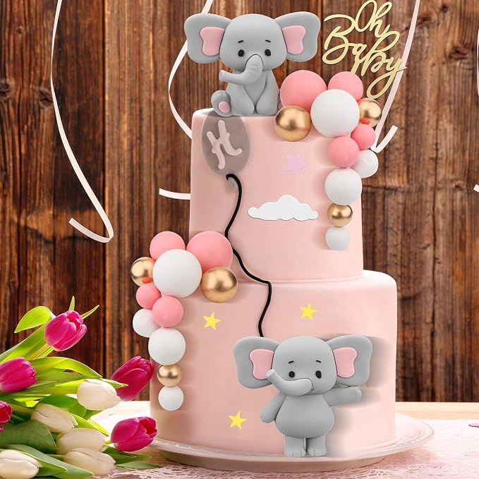 Yinder Bear Cake Toppers Mini Bear Cake Decorations Cake Toppers Gold White Pearl Ball for Birthday Party Decorations(Gray, Pink,Elephant Style)