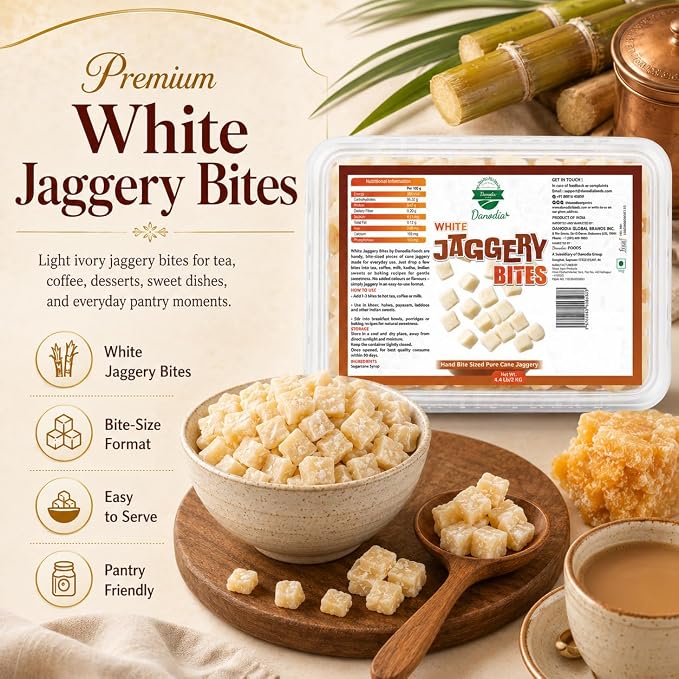 Danodia Foods Organic White Jaggery Bites, Cane Gur Sweetener, 1 lb Pack | Jaggery gur sweetener for chai, coffee, baking, desserts and recipes; Gluten-Free, No Additives, Vegan; everyday recipes