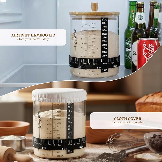 SheeChung 50oz Sourdough Starter Jar, Wide Mouth Sourdough Jar Glass, Bamboo Lid, Cloth Cover, Date Tracker, Scraper, Sourdough Starter Kit, Fermentation Jars, Sour Dough Bread Baking Supplies, 2 Pack