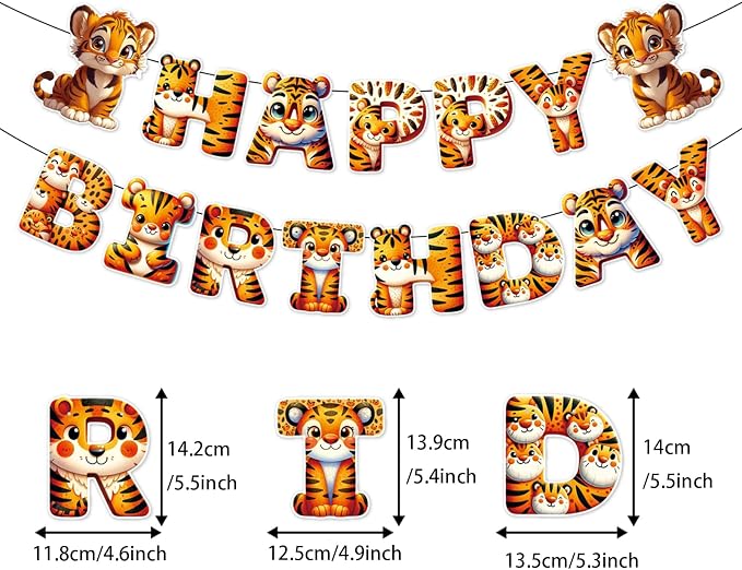 Zwiebeco Tiger Happy Birthday Party Decoration Banner Bunting Garland Hanging Paper Swirls Kit for Safari Wild One Woodland Jungle Theme Baby Shower Accessories Supplies