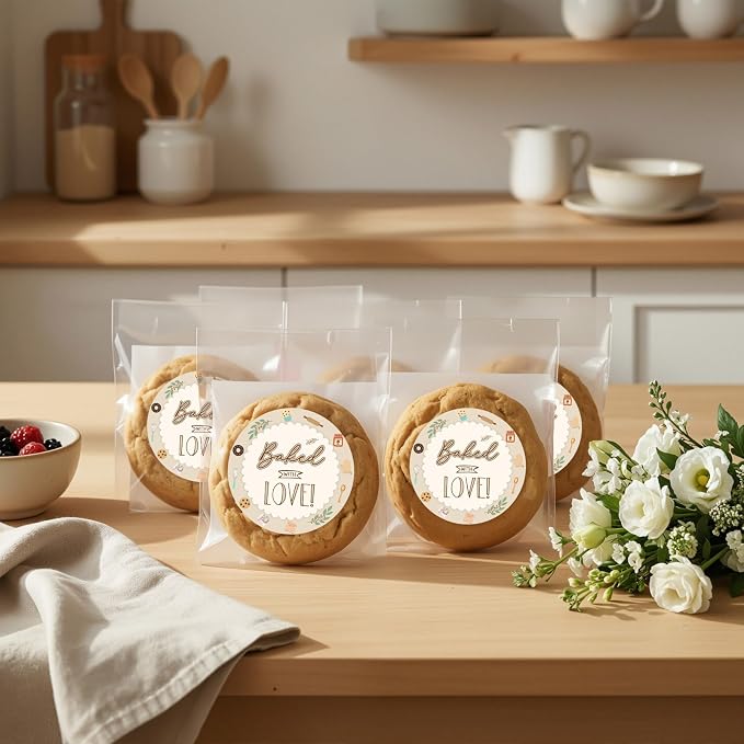 Baked with Love Stickers 120Pcs, 2 Inch Round Baking Labels for Homemade Goods, Bakery Packaging, Cookie Bags, Thank You Gifts, Small Business Packaging & Party Favors (Baked with Love)