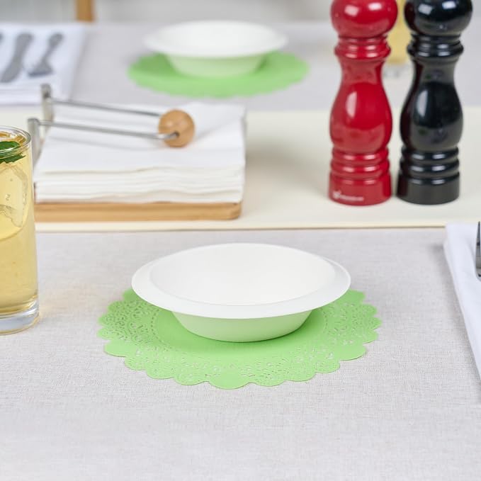 Pastry Tek 8 x 8 Inch Paper Lace Doilies, 100 Disposable Table Doilies - Elegant Lace Finish, Long Lasting, Green Paper Doily, for Pastries, Cupcakes, Desserts - Restaurantware