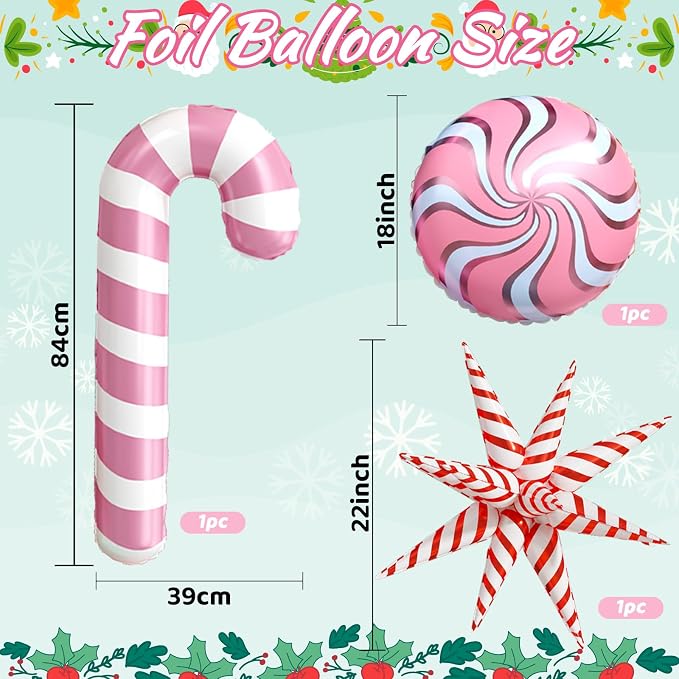 Christmas Balloon Arch, Pink Green Balloon Arch Kit, Pink White Green Red Balloons Candy Foil Star Sweet Canes Balloons For Christmas Theme Birthday Baby Shower Party Wedding Holiday Celebrations