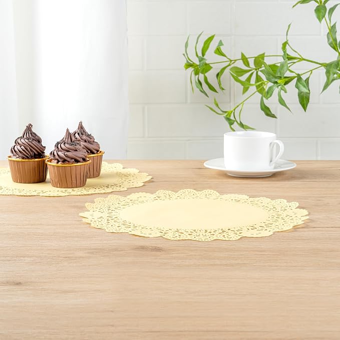 Pastry Tek 12 x 12 Inch Paper Lace Doilies, 100 Disposable Table Doilies - Elegant Lace Finish, Long Lasting, Yellow Paper Doily, for Pastries, Cupcakes, Desserts - Restaurantware