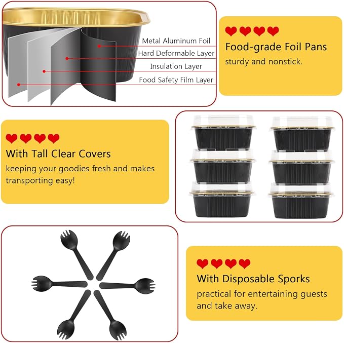 LNYZQUS Mini Cake Pans with Lids and Spoons,10oz Disposable Small Foil Baking Tins,40 Pack Individual Cake Containers for Home Bakers Bake Sales-Black,4x4 Square