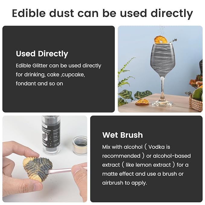 Black Edible Glitter 15g, Edible glitter for Drinks, Luster Dust Edible Shimmer Powder for Cocktails,Cakes, Baking, Party Decoration ﻿