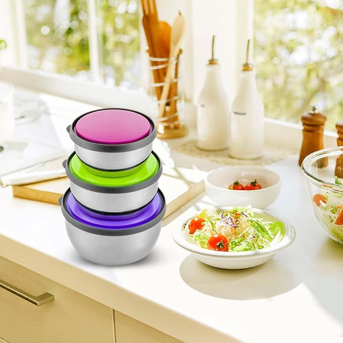Mixing Bowls with Lids Set Prep Bowls - Mixing Bowls Nesting Plastic Meal Prep Bowl Set with Lids- Stainless Steel Bowls Food Containers Home Kitchen Preservation Box Keep Fresh (Silver, One Size)