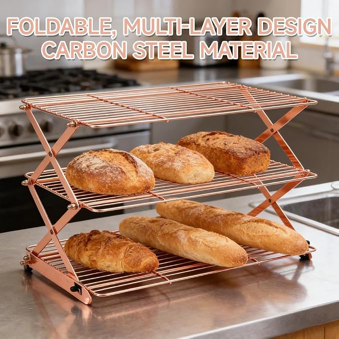 3-Tier Upgraded Collapsible Cooling Rack,Stackable Roasting Cooking Drying Wire Cooling Rack– Expand to Bake,Collapse to Save Space,Cookies Baking Gifts Drying Racks for Cake,Roasting,Grilling (Rose)