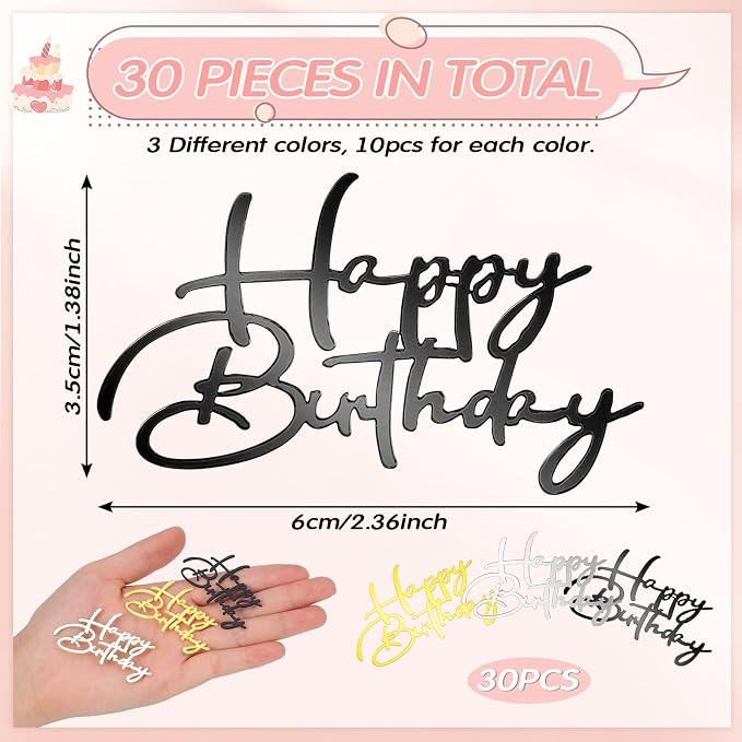 Weysat 30 Pcs Gold Silver Black Mirror Acrylic Cupcake Toppers Happy Birthday Cake Decorations for Birthday Party Cupcake Toppers