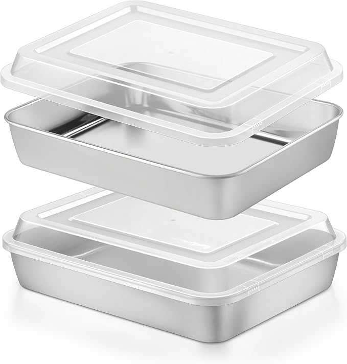 Herogo Baking Pan with Lid (2 Pans + 2 Lids), 8 x 10 Inch Nonstick Rectangle Stainless Steel Baking Set, Deep Cakes Bakeware for Brownies Casseroles, Non Toxic & Dishwasher Safe