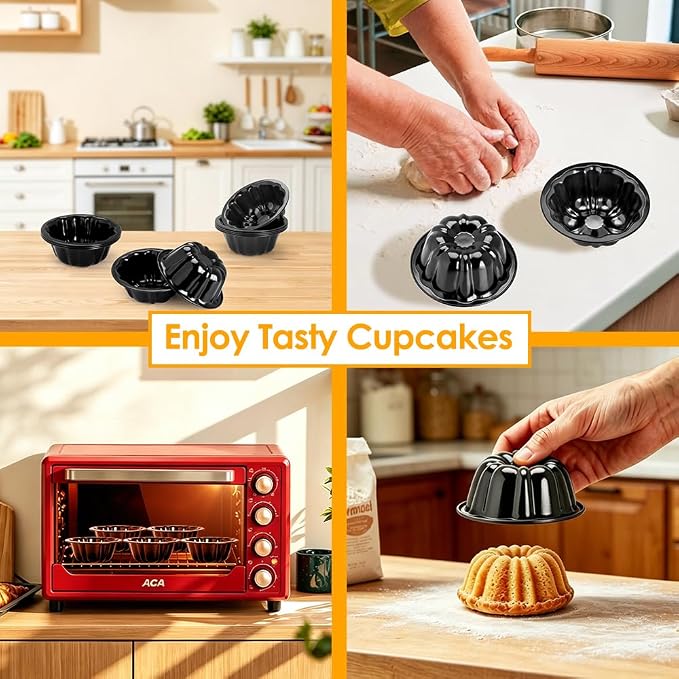 10Pcs 4 Inch Mini Fluted Cake Pan Nonstick Mini Fluted Tube Cake Pan, Carbon Steel Mini Flan Molds Pan with Oil&Dish Brushes, Reusable Oven Baking Mold for Cupcake, Bread Chocolate, Brownie