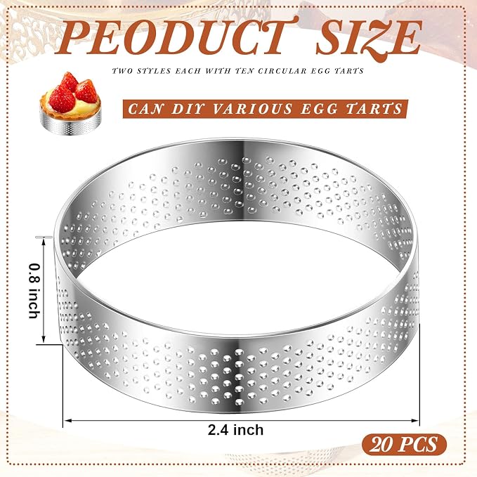 Mumufy 20 Pcs Perforated Tart Rings Round Stainless Steel Tart Rings for Baking Nonstick Metal Round Cake Ring for Pastry French Dessert Mousse Food Crisp Home Food Making Tool (2.4")