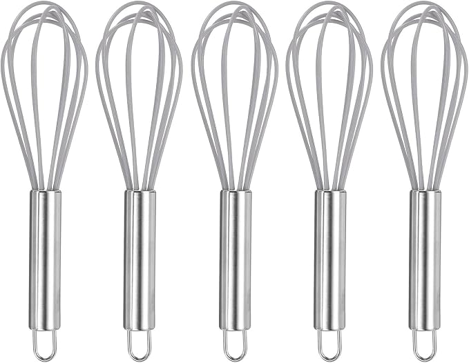 HARFINGTON 5Pcs Silicone Whisk 8" Kitchen Whisk Wire Whisks Beater with Stainless Steel Handle for Egg Milk Whisking Blending Beating & Stirring, Grey