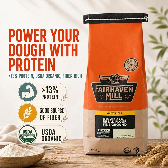 Fairhaven Mill Fine Ground Whole Wheat Bread Flour, 5 lbs | USDA Organic Certified, 100% Whole Grain, High Protein, USA Grown & Milled, 8501F