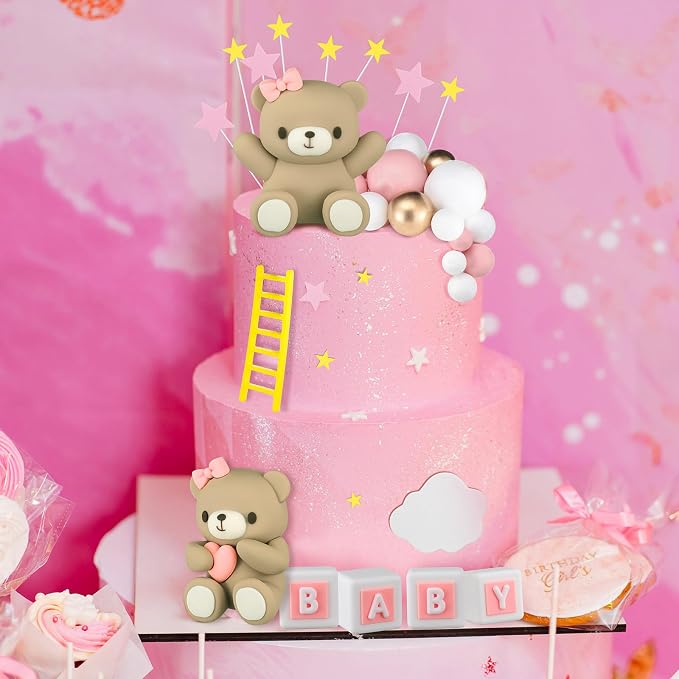 Yinder Bear Cake Toppers Mini Bear Cake Decorations Cake Toppers Gold White Pearl Ball for Birthday Party Decorations(Pink, Brown,Cute Style)