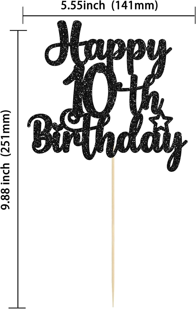 Gyufise 1Pc Happy 10th Birthday Cake Topper Glitter 10 & Fabulous Cheers to 10 Years Old Birthday Cake Pick for Celebrating 10th Birthday Anniversary Party Cake Decorations Supplies Black