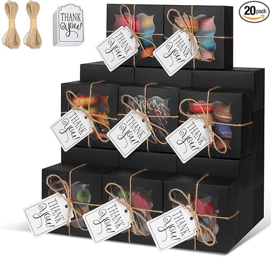 KPOSIYA 20 Pcs Black Bakery Boxes with Window Individual Cupcake Boxes 4x4x2.5 Inches Cookie Boxes Kraft Paper Black Gift Box for Pastries, Cookies, Pie, Donuts, Macaroon