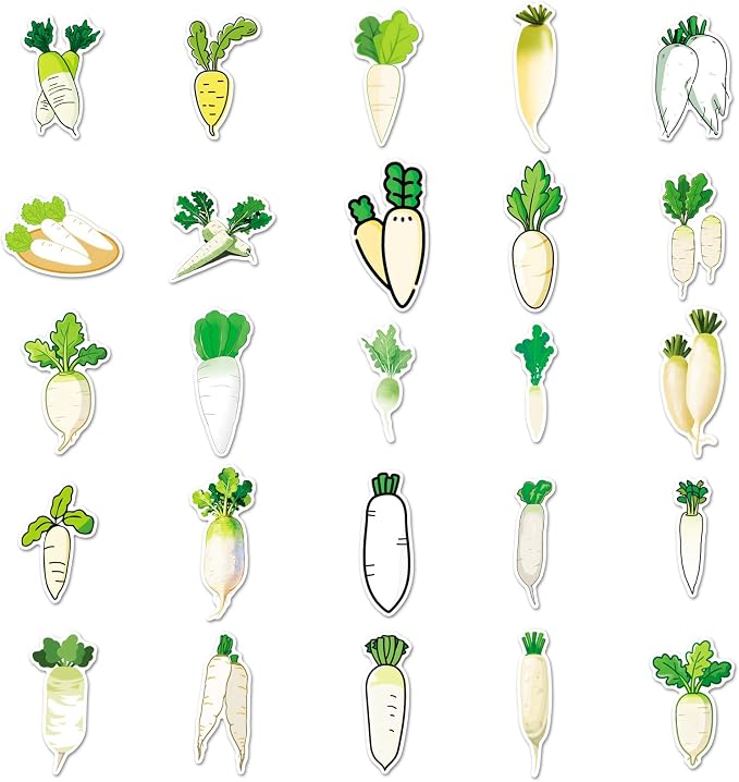 50 Pcs White Radish Stickers - Cute Kawaii Style Vegetable Decals for Journal, Kitchen, Laptop - Unique Funny Foodie Sticker Pack(White Radish)