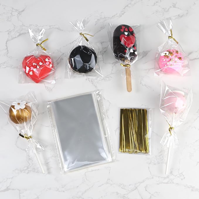 ROSPAKTEK 100 Pcs Cellophane Treat Bags 3x5 Inch with 100 Twist Ties - OPP Plastic Cake Pop Bags for Lollipop, Candy, Chocolate, Cookie Wrapping & Buffet