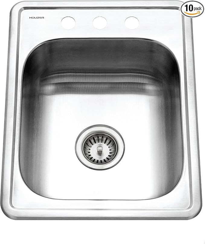 Houzer Glowtone ADA Compliant Stainless Steel Kitchen Bar & Prep Sink - 17 Inch Drop-in Topmount 3-Hole Large Sink, Durable & Versatile, Essential for Home & Apartment, 10-Pack - A1722-7BS-10