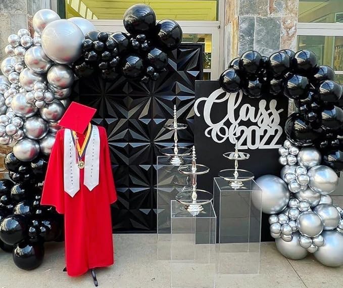 153Pcs Black and Silver Balloons Garland Arch Kit with Stars - 22 18 12 10 5 inch Different Size Black Metallic Silver Confetti Latex Balloon for Birthday Graduation New Year Party Decorations