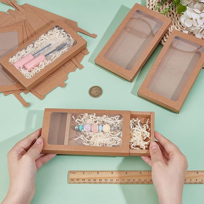 BENECREAT 12Pcs Rectangle Kraft Paper Boxes Brown Bakery Favor Boxes 6.3×3.4×0.6Inches Gift Boxes with Clear PVC Windows for Bakery, Wedding, and Party Favors Packaging