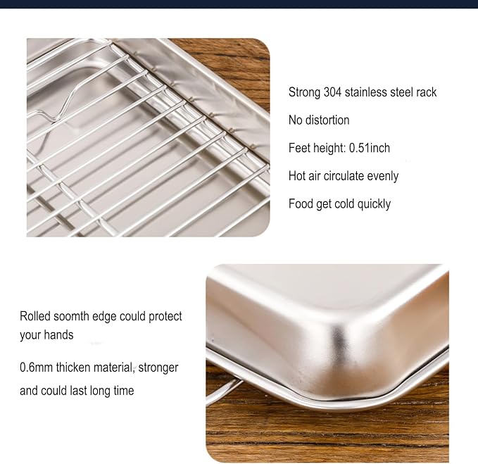 Small Deep Cookie Baking Sheet Pans with Cooling Wire Rest Racks Set 18/8 (304) Stainless Steel Tiny Serving Trays 10.4 x8.1 x1.1Inch Dishwasher Safe for 1~2 Person 2Pans & 2Racks