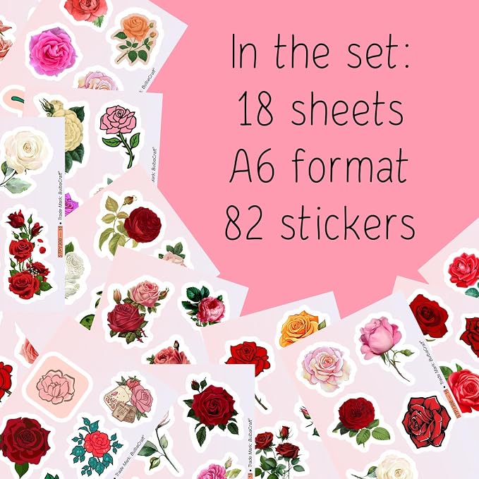 BulbaCraft Rose Stickers for Water Bottle and Laptop - Rose Party Supplies & Decorations, Waterproof Vinyl Decals, Flower and Botanical Stickers, Gifts for Women & Men