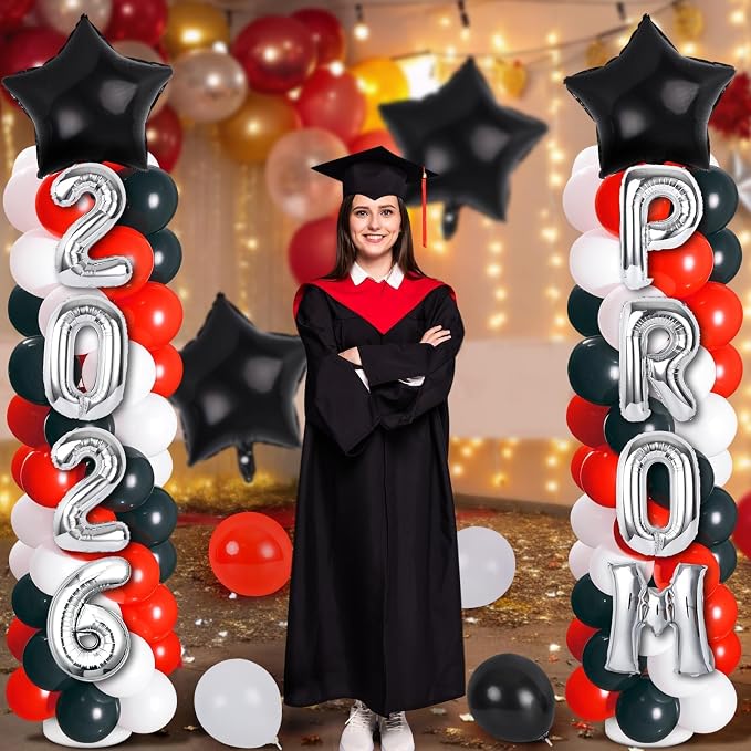 2 Sets Graduation Balloon Column Stand Kit with Balloons Prom Send off 2026 Grad Prom Themed Decoration Black Red Balloon Tower Stand for Floor Grad School & College Celebration Party Supplies