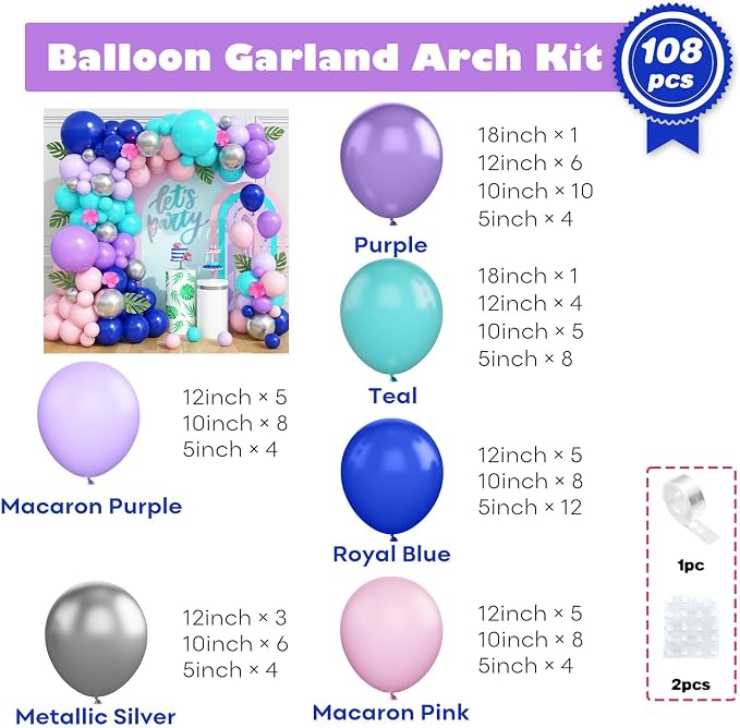 Blue Purple Balloon Arch Kit, 108 Pcs Macaron Purple Pink Blue Balloons Garland with Teal Royal Blue Metallic Silver Latex Balloons for Kids Hawaii Summer Theme Party Baby Shower Birthday Decoration
