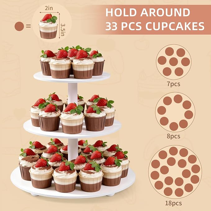 VIVIRBIEN 3-Tier Wooden Cupcake Stand:12in White Round Tiered Cake Stand,Dessert Display for 33 Cupcakes,Easy to Assemble and with Instruction,Cupcake Tower for Wedding/Party/Birthday/Decor