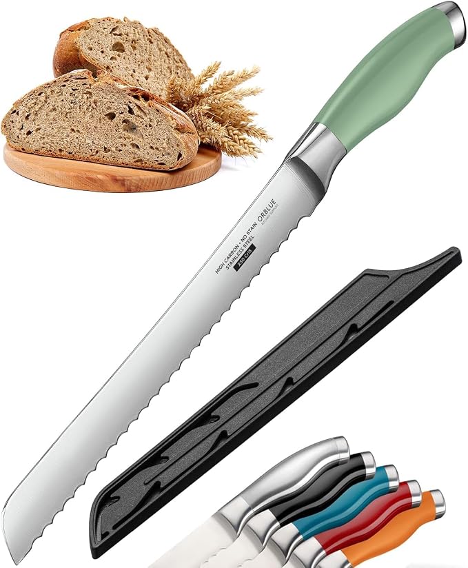 Orblue Bread Knife, 10-Inch Serrated Stainless Steel – Ultra Sharp for Crusty Artisan Bread, Bagels, Cakes & Pastries – Non-Slip Handle Slicer, Green