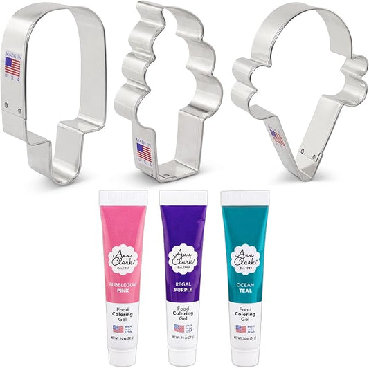 Ann Clark Cookie Cutters Ice Cream Cookie Cutter Set with Pink, Purple, and Teal Food Coloring Gel Made in USA