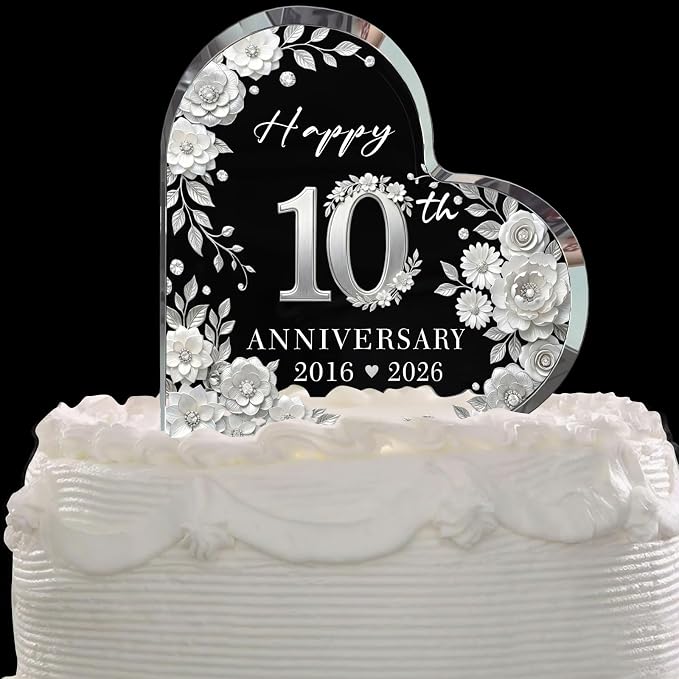 10th Anniversary Cake Topper Acrylic,10 th Anniversary Decorations & Keepsake Gift for Couples（10th Anniversary-Silver Wreath）