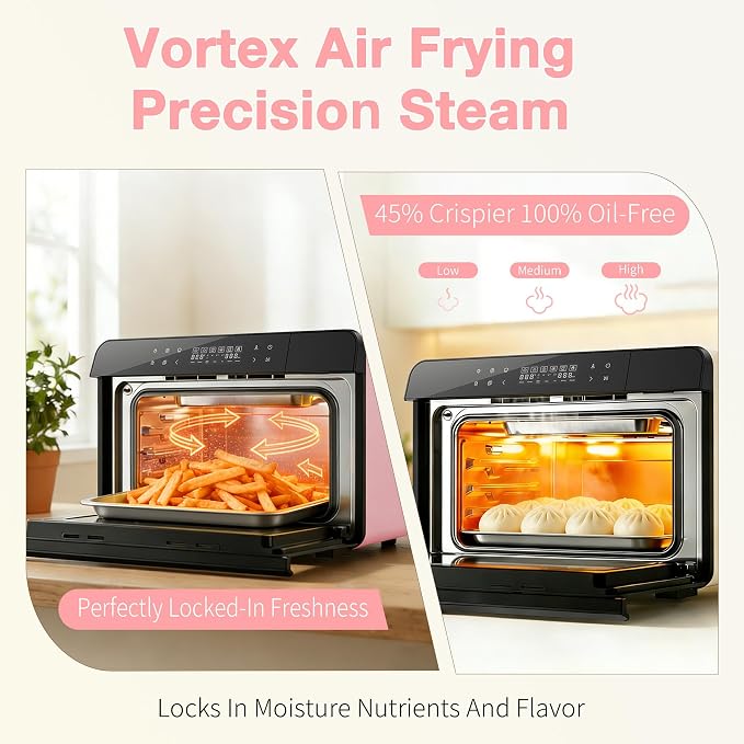 ROBAM Toaster Air Fryer Combi Oven, Countertop Steam Oven 14-in-1 with Convection Steam Roast & Bake, Multi-Stage Cooking, Self-Clean, 7 Modes, 30 Built-In Recipes, for Kitchen Pizza Baking (Pink)