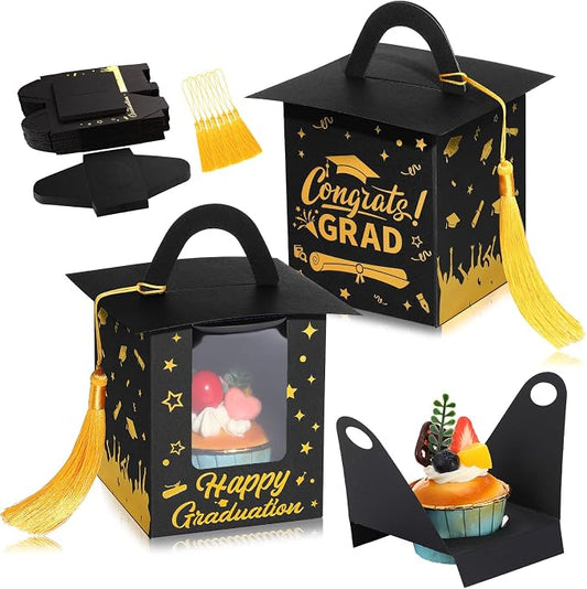Outus 30 Pcs Graduation Cupcake Boxes Graduation Gift Box Congrats Grad Cupcake Container Candy Boxes with Window and Tassel for 2026 College High School Grad Party(Black)