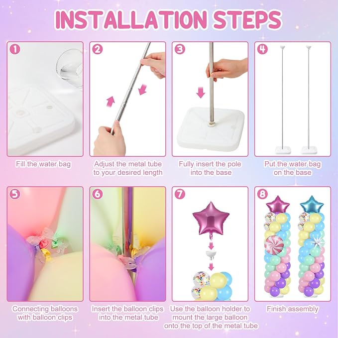 Skylety 2 Sets Pastel Balloon Column Stand Kit Adjustable Macaron Rainbow Color Balloon Stand with Bases for Birthday Wedding Anniversary Graduation Party Baby Shower Decorations Supplies