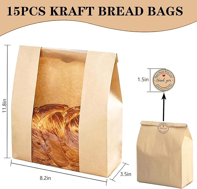 15 Pack Large Sourdough Bread Bags for Homemade Bread Gifting Bakery Bags with Window Loaves Paper Bread Bags for Baked Food Packaging Storage with Seal Stickers (11.8x8.2x3.5inch)