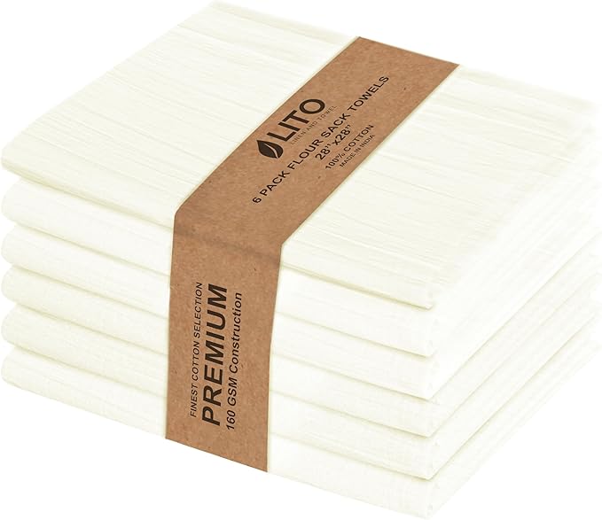 LITO LINEN AND TOWEL Flour Sack Towels – 100% Cotton, 28x28 Inches, Highly Absorbent, Embroidery-Ready Tea Towels for Kitchen & Crafts, Farmhouse Decor, Pack of 6 Natural