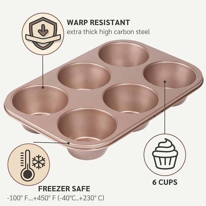 HAPPIELS 6-Cup Jumbo Muffin Pan Nonstick for Oven Baking, PFOA & BPA Free | Non Stick Large Cupcake Tin | Nontoxic Muffins Tins Big Size | Non Toxic Non Stick Baking Trays | Cupcakes Tray
